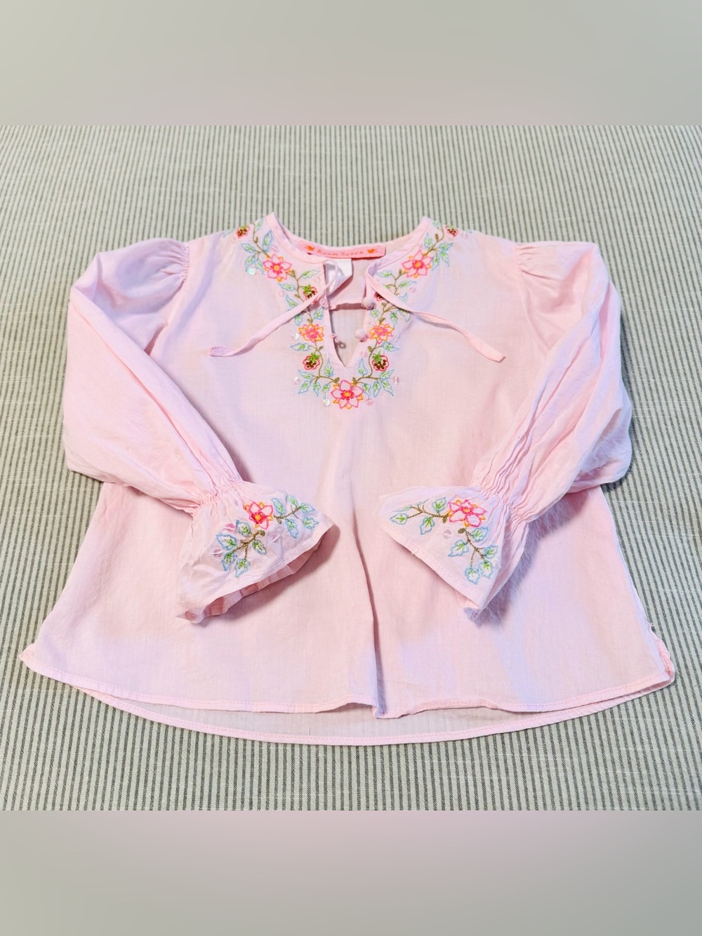 Room Seven Pink Embroidered Tie-Neck Blouse - Size: 2-3T - Like New!